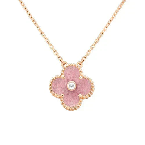 [Vintora]COLLIER EN RHODONITE ET DIAMANTS CLOVER 15MM