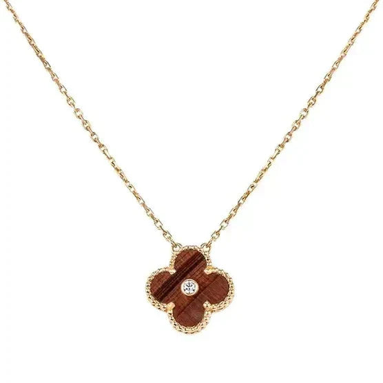 [Vintora]COLLIER TRÈFLE 15 MM DIAMANT ET ŒIL DE TIGRE JAUNE
