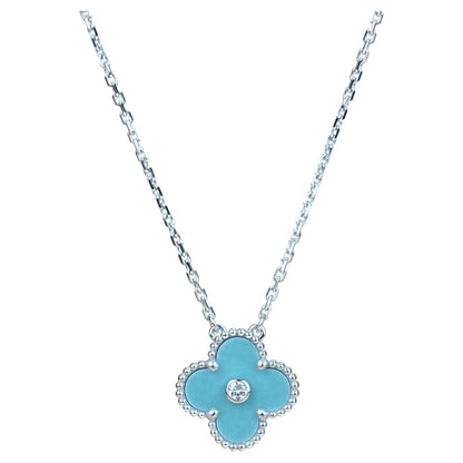 [Vintora]COLLIER EN PORCELAINE SVRES DIAMANT 15 MM TRÈFLE ARGENT