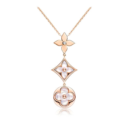 [Vintora]COLOR BLOSSOM LARIAT NECKLACE PINK GOLD WHITE MOTHER PEARL AND DIAMOND