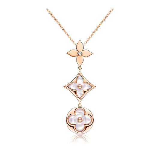 [Vintora]COLOR BLOSSOM LARIAT NECKLACE PINK GOLD WHITE MOTHER PEARL AND DIAMOND