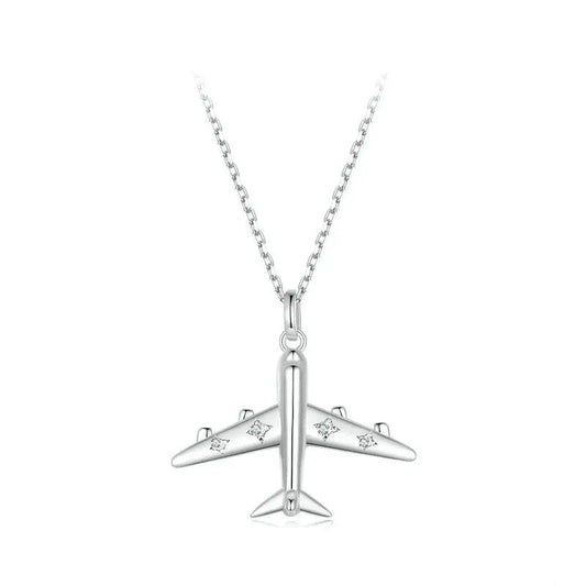 Collier délicat avec pendentif avion, plaqué platine