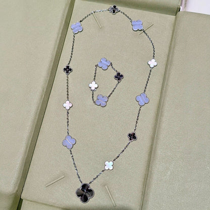 [?Vintora]DETACHABLE CLOVER 15(11+4) FLOWER SILVER NECKLACE SET