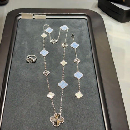 [?Vintora]DETACHABLE CLOVER 15(11+4) FLOWER SILVER NECKLACE SET
