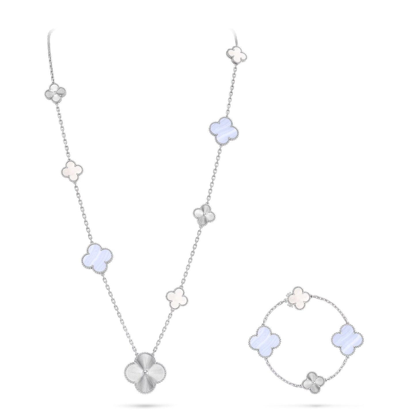 [?Vintora]DETACHABLE CLOVER 15(11+4) FLOWER SILVER NECKLACE SET