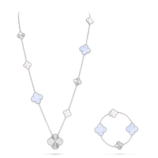 [?Vintora]DETACHABLE CLOVER 15(11+4) FLOWER SILVER NECKLACE SET