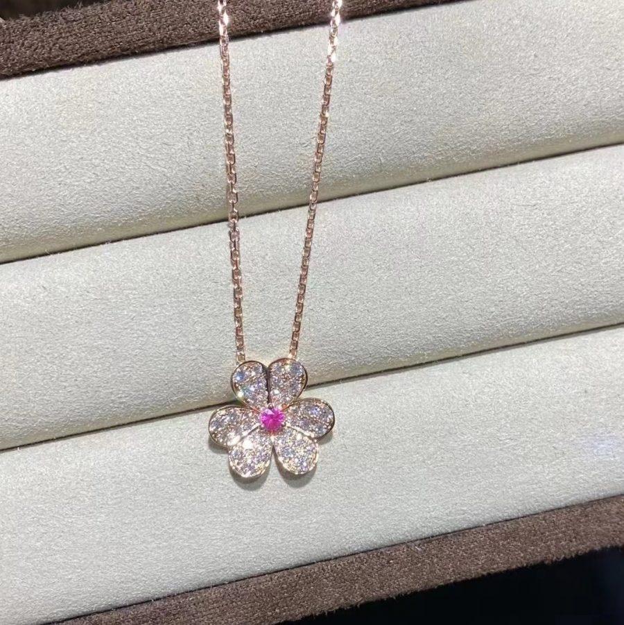 [Vintora]COLLIER FRIVOLE FLEUR OR ROSE ET DIAMANTS