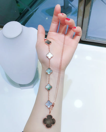 [Vintora]BRACELET ET COLLIER COMBINÉS 5 MOTIFS NACRE FONCÉE OR ROSE