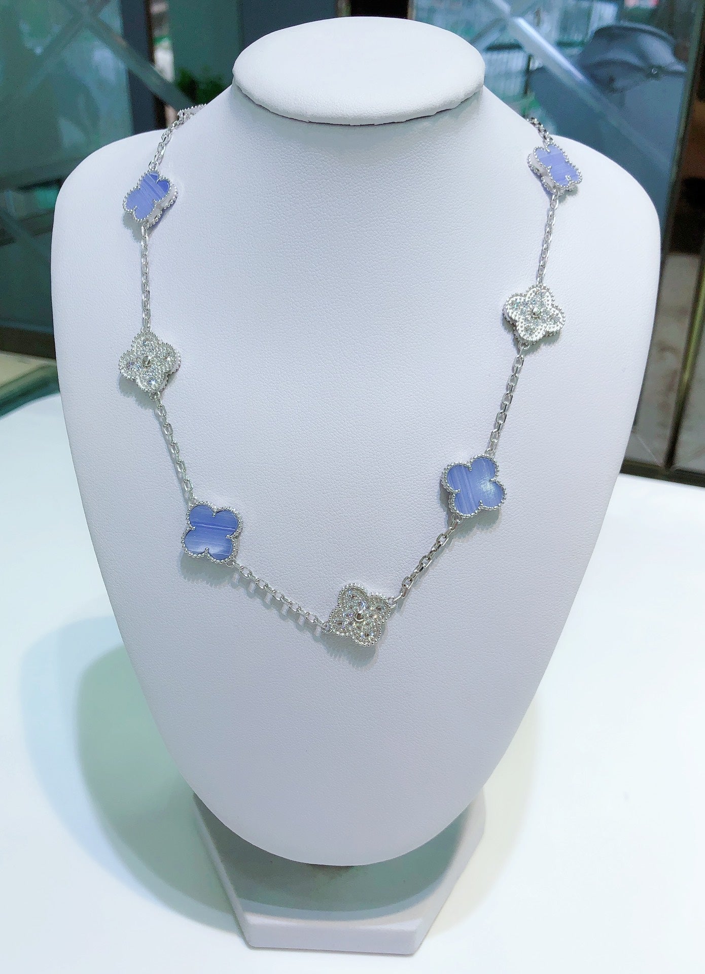 [Vintora]COLLIER TRÈFLE 10 MOTIFS CHALCEDOINE DIAMANTS ARGENT