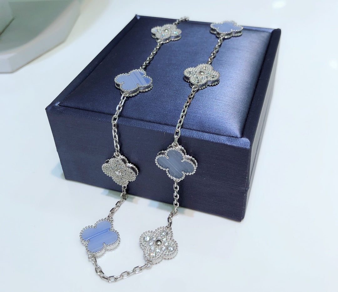 [Vintora]COLLIER TRÈFLE 10 MOTIFS CHALCEDOINE DIAMANTS ARGENT