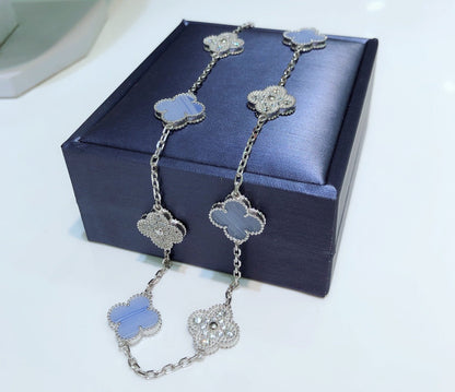 [Vintora]COLLIER TRÈFLE 10 MOTIFS CHALCEDOINE DIAMANTS ARGENT