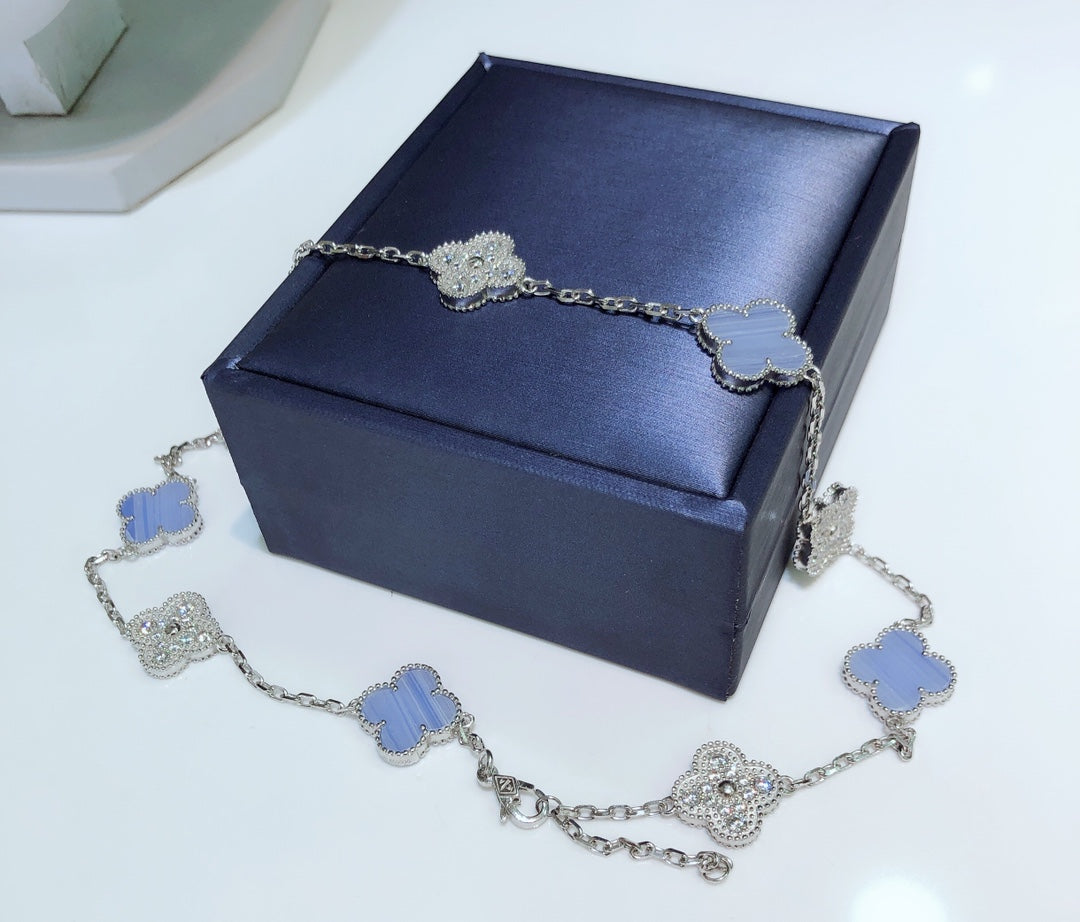 [Vintora]COLLIER TRÈFLE 10 MOTIFS CHALCEDOINE DIAMANTS ARGENT