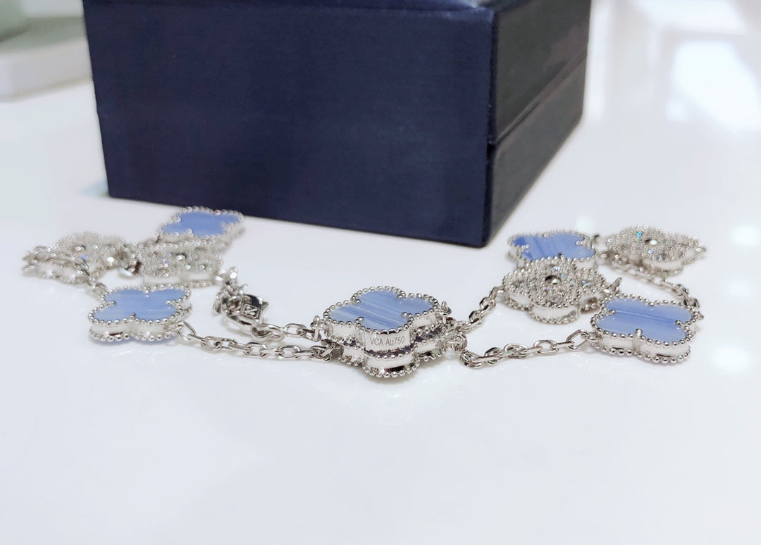[Vintora]COLLIER TRÈFLE 10 MOTIFS CHALCEDOINE DIAMANTS ARGENT