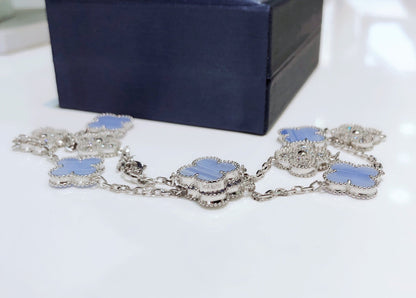[Vintora]COLLIER TRÈFLE 10 MOTIFS CHALCEDOINE DIAMANTS ARGENT