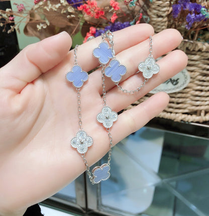 [Vintora]COLLIER TRÈFLE 10 MOTIFS CHALCEDOINE DIAMANTS ARGENT