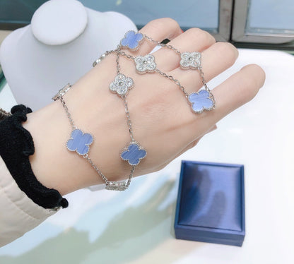 [Vintora]COLLIER TRÈFLE 10 MOTIFS CHALCEDOINE DIAMANTS ARGENT